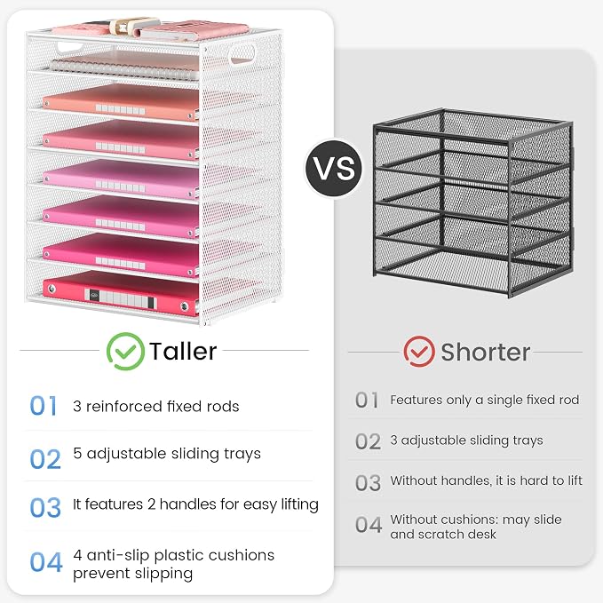 Lavatino 2 Pack 8-Tier Office Desk File Organizer, Letter Tray Paper Organizer with Handle, Including 5 Adjustable Slide Trays for Organizing Desk Workspace Accessories and Supplies (White Metal Mesh)