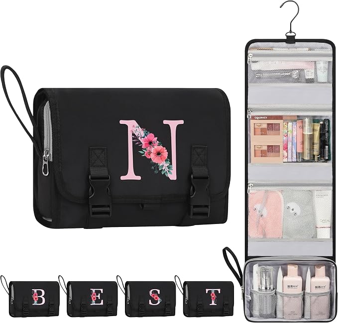 Relavel Birthday Gifts for Teens Women, Initial Hanging Toiletry Bag, Personalized Toiletry Travel bag, Portable Hanging Organizer for Travel-Sized Shampoo, Conditioner, Cruise Essentials - Black N