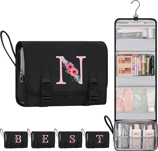 Relavel Birthday Gifts for Teens Women, Initial Hanging Toiletry Bag, Personalized Toiletry Travel bag, Portable Hanging Organizer for Travel-Sized Shampoo, Conditioner, Cruise Essentials - Black N