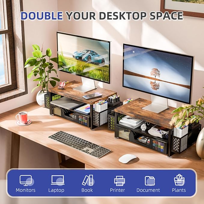 Simple Trending Desk Organizers and Accessories, Computer Monitor Stand Riser with Drawer and 2 Pen Holders, 2-Tier Computer Rack for Home Office, Wood