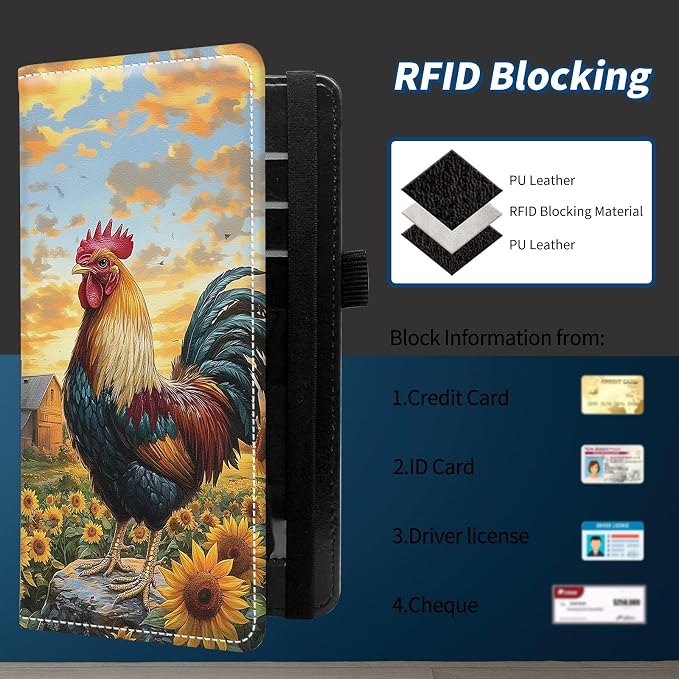 Check Book Cover for Personal Checkbook with Duplicate Checks for Women's & Men PU Leather Wallets Check Book Holder with Pen Card Slots Elastic Strap,Rooster Sunflower