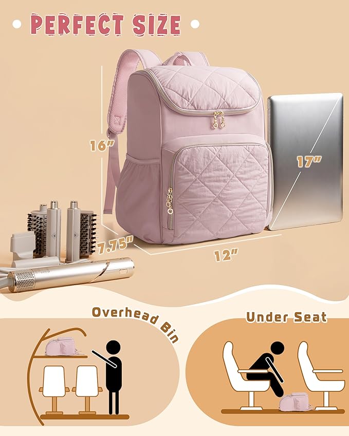 Marscamd Insulated Hairstylist Travel Bag Backpack with Detachable Dividers and Multiple Pockets, Quilted Hair Tool Travel Bag with Multiple Pockets for Hairstylist and Barber, Pink