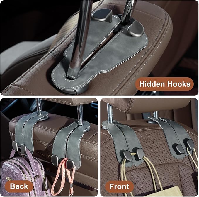 CoBak Purse Hook for Car - Universal Premium Stitched Leather and Aluminum-Magnesium Alloy Double Car Seat Back Storage Hook for Purses, Handbags, Bags (2 Pack),Gray