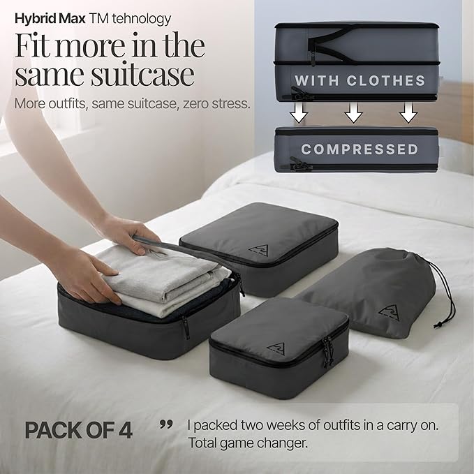 4-Piece Luxury Compression Packing Cubes & Bags for Travel – Maximize Space in Luggage with HybridMax Double-Capacity Design, 50 Luggage Tags, Patented Suitcase Organizer Bags, Lifetime Satisfaction