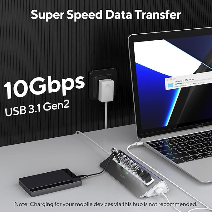 Powered USB Hub 10Gbps, 10 Port USB 3.2 Gen 2 Hub with 10Gbps Data Transfer, 36W(12V/3A) Power Adapter, Type A and Type C Cable, Aluminum USB Data Hub for Mac, PC, Laptop