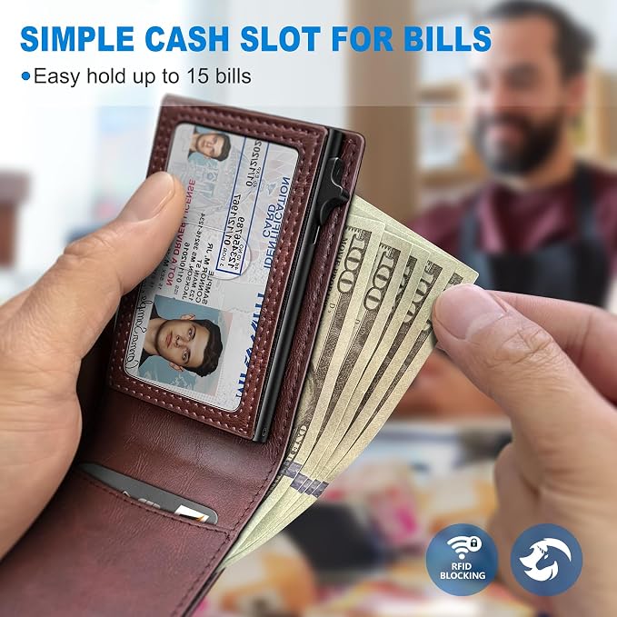 Wallet for Men, Slim Pop Up Card Holder with RFID Blocking, Minimalist Bifold Wallet with 9 Card Slots, ID Window and Cash Pocket, Metal Flip Case with Magnetic Closure, Gift Box