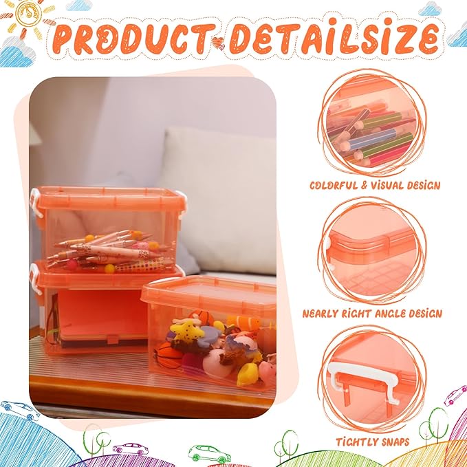 Wenqik 6 Pack Colorful Plastic Storage Bins with Lids 4 Quart Small Storage Latch Box Stackable and Nestable Clear Organizer Bins with Latching Handle and Buckle for Organizing(Orange)