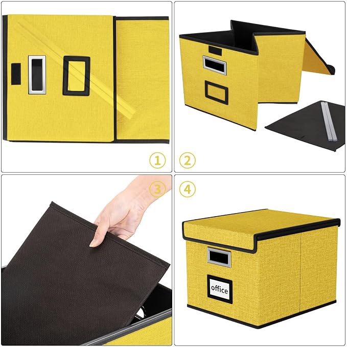 File Organizer Box with Lid, Collapsible File Folder Organizer for Office Document Storage, Filing Box with Plastic Slide for Letter Size Hanging Files(1 Pack, Yellow)