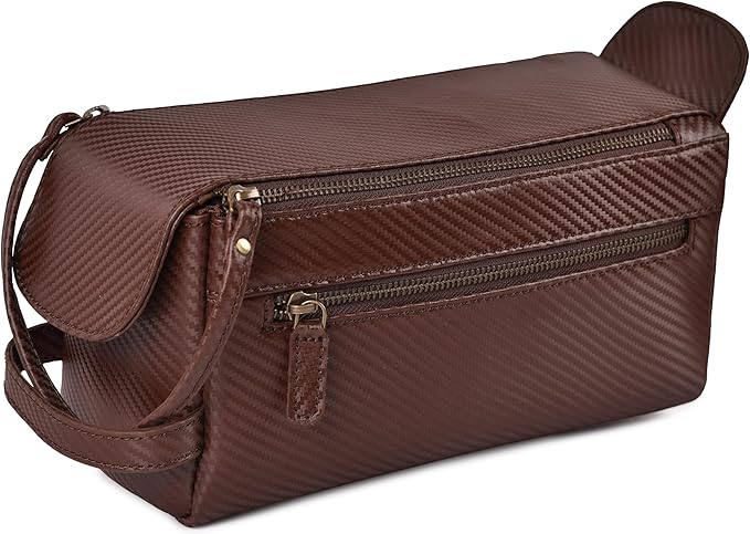 LEATHER VILLAGE Genuine Carbon Fiber Genuine Leather Travel Toiletry Bag - Large Dopp Kit, Water-Resistance Bathroom & Shaving Organizer for Men & Women - Brown