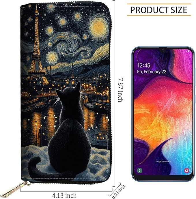 RFID Blocking Leather Wallet for Women – Large Capacity Zip Around Clutch with 8 Card Slots,20 Cash Pockets & Coin Zipper,Eiffel Tower with Cat Scene