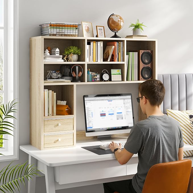 REIBII Desktop Bookshelf, High-Capacity Desk Hutch Organizer with 7 Shelves and 2 Drawers, Adjustable Bookshelf Storage, Desk Shelf for Top of Desk, Desk Hutch Dorm, Natural