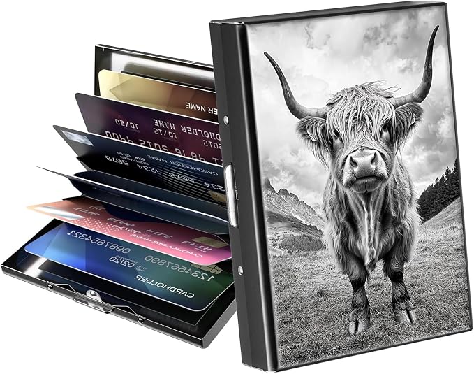 Metal Wallet,Credit Card Holder for Women Men,RFID Blocking Card Holder Mini Slim Aluminum Wallet ID Case Hard Case Business Card Holder Case,Black Highland Cow