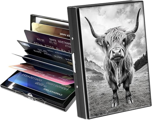 Metal Wallet,Credit Card Holder for Women Men,RFID Blocking Card Holder Mini Slim Aluminum Wallet ID Case Hard Case Business Card Holder Case,Black Highland Cow