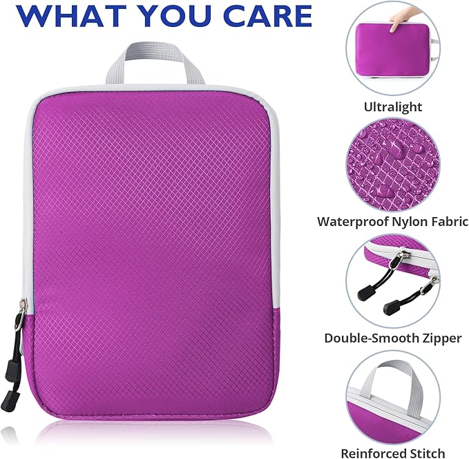 Compression Packing Cubes, 8 Set Packing Cubes for Travel Compression, Lightweight Compressible Package Organizer for Carry On and Suitcases, Purple and Grey