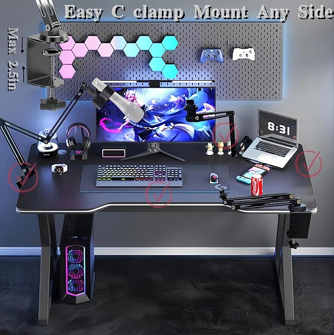 Low Profile Mic Boom Arm Stand 360° Rotatable Adjustable Compact and Foldable Table Microphone Arm Holds 2.5kg with 3/8" to 5/8" Screw Adapter for Game Streaming Podcast Broadcast (C Clamp Mount)