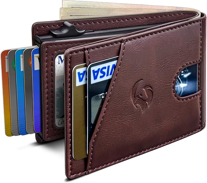 Wallet for Men, Slim Pop Up Card Holder with RFID Blocking, Minimalist Bifold Wallet with 9 Card Slots, ID Window and Cash Pocket, Metal Flip Case with Magnetic Closure, Gift Box
