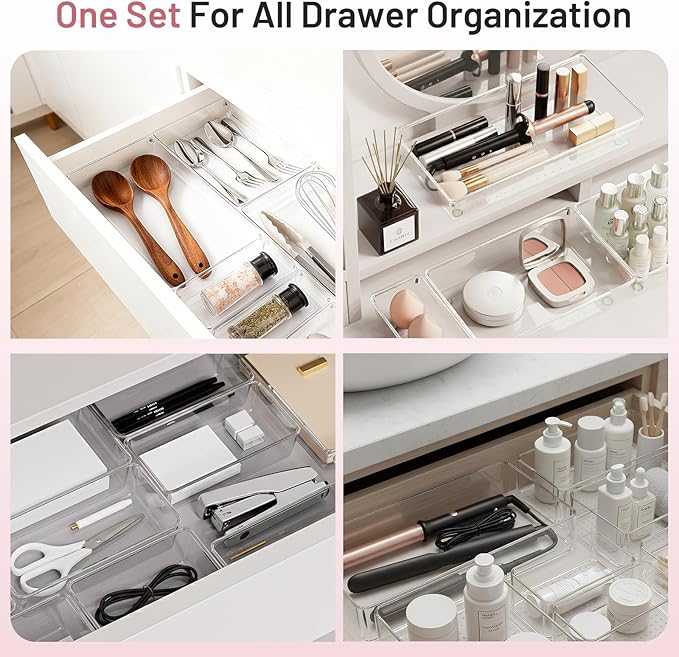 12 Pack Large Drawer Organizer Bins - Clear Plastic Bathroom Drawer Organizer Trays - Heavy Duty Kitchen Drawer Dividers for Utensils - Non-Slip Storage Bins for Makeup, Bedroom, Office Desk