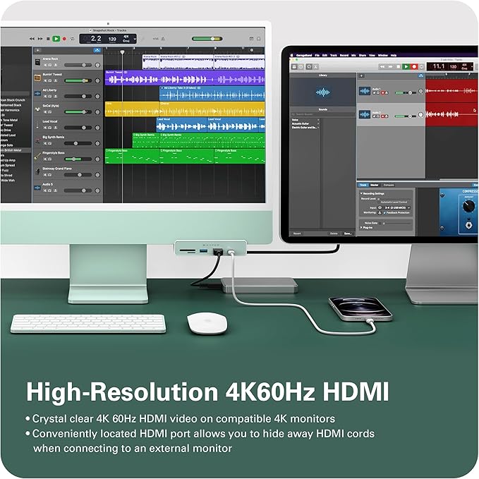 HyperDrive 6in1 USB Hub Adapter: HDMI 4K60Hz, USB-C 10Gbps, 2 USB-A 10Gbps, SD UHS-I, MicroSD UHS-I for iMac 2021 24 inch