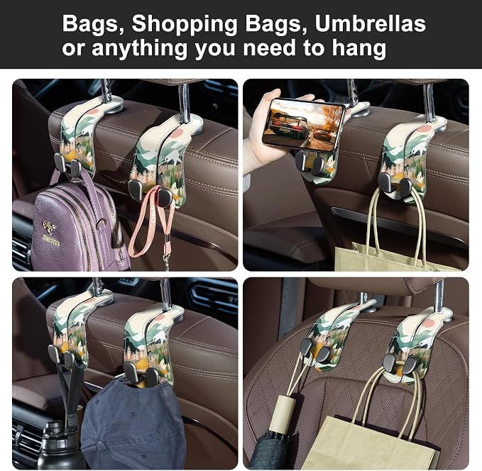 CoBak Purse Hook for Car - Universal Premium Stitched Leather and Aluminum-Magnesium Alloy Double Car Seat Back Storage Hook for Purses, Handbags, Bags (2 Pack),Mountain Calm