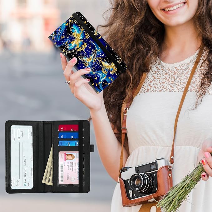 Premium PU Leather Checkbook Cover for Men & Women,RFID Blocking Slim Check Book Holder with Duplicate Check Divider & Pen Holder,Fits Standard Personal Checks,Blue Gilded Butterfly