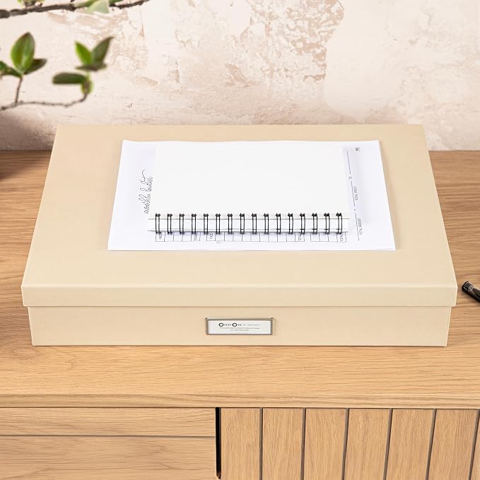 Bigso Sverker Fiberboard Legal/Art Storage Box - Scrapbook Storage Box for Papers, Photos, and More - Durable Memory Box for Keepsakes with Lid and Metal Label Holder - 3.3in x 17.1in x 12.2in - Fawn