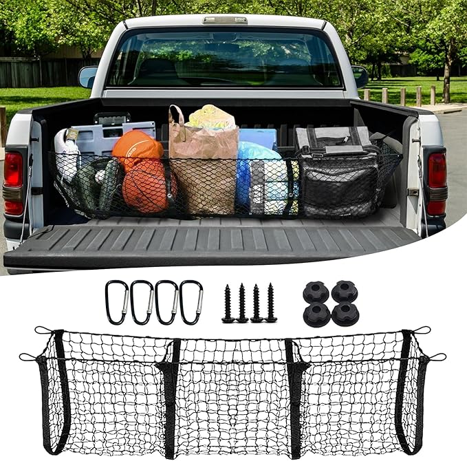 Cargo Net for Car, Expandable 3 Pocket Heavy-Duty Cargo Net Organizer, Black Mesh Storage Pocket with 4 Metal Carabiners Universal for Car, SUV, Pickup Truck, Van Trunk Bed- 47.2” x 11.8”