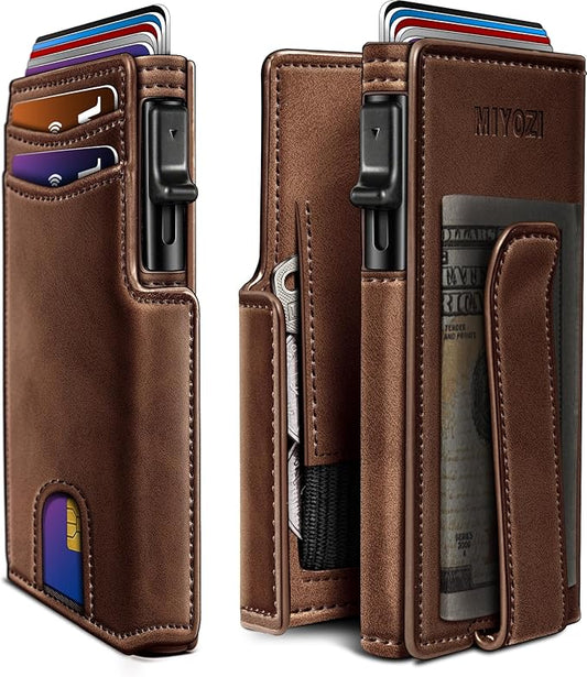 miyozi Wallet for Men with Money Clip Coins Pocket ID Window Gift Boxed,Slim Smart Front Pocket RFID Blocking Wallet Pop-up Card Holder in Magnetic Leather Flip 3.9"x 2.7"
