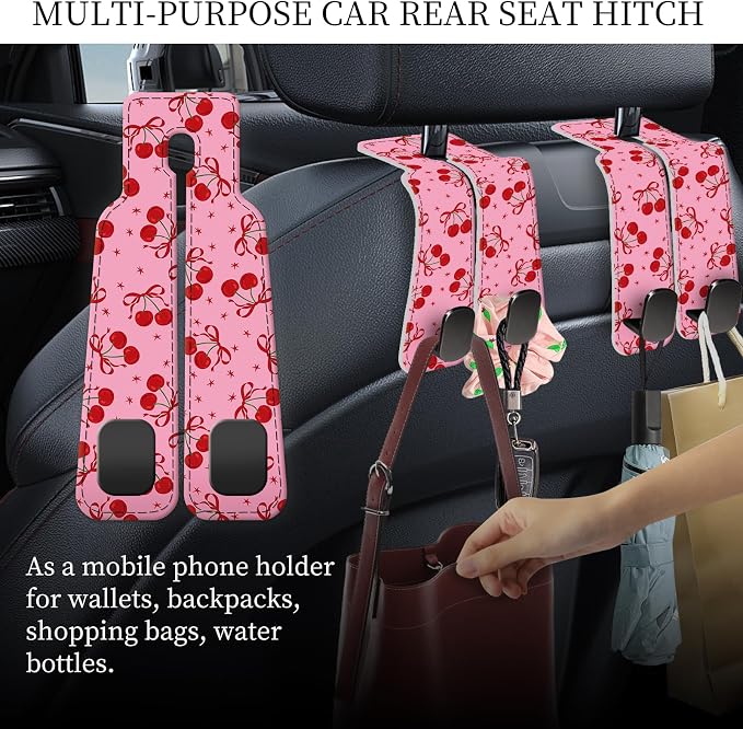 PU Leather Car Seat Hook, Storage Headrest Hanger, Cute Car Backseat Organizer, Car Hooks For Purses and Bags Pink Cherry Print