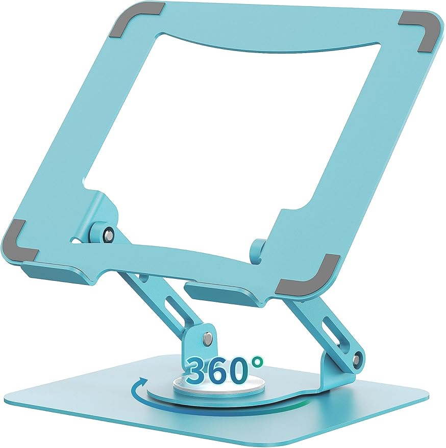 SOUNDANCE 360 Rotating Laptop Stand, Ergonomic Computer Riser for Desk, Adjustable Height Multi-Angle Metal Holder, Foldable Portable Notebook Elevating Base for Office & Home, Blue