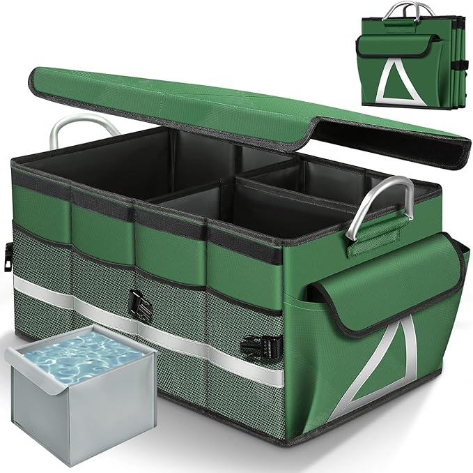 WINHUNT Car Trunk Organizer, Car Storage Organizer with Waterproof Bag Collapsible Multi Compartment Organizer for Car, Suv, Sedan, Truck, Aluminium Handle (Green, Large 66L)