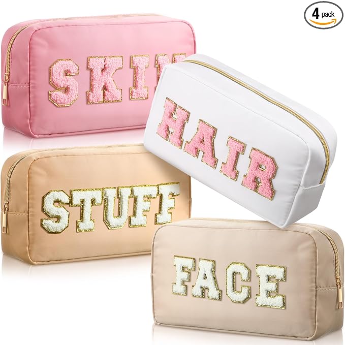 Remerry 4 PCS Nylon Cosmetic Bags Waterproof Spacious Travel Makeup Organizer for Women Chenille Letter Preppy Zipper Pouch Face Stuff Skin Hair Organizer Gift(Light Brown, Beige, Light Pink, White)