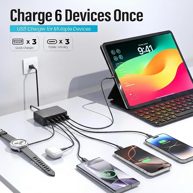 TT&C 100W USB-C Charging Station, 6-Port GaN III Desktop Hub (30W Max Per Port), Compatible with iPhone 17, 16, 15, iPad, MacBook Air & Samsung Galaxy - Black
