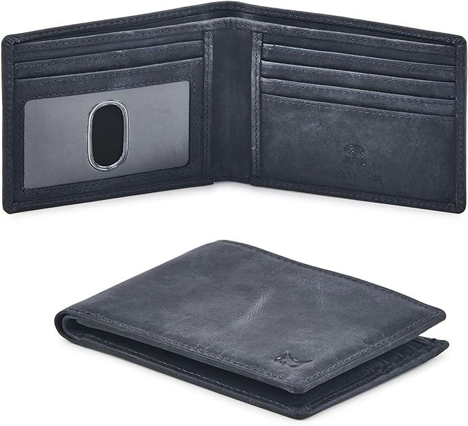 Real Leather Mens Bifold Wallet RFID Blocking Slim Minimalist Front Pocket - Thin & Stylish with ID Window in Gift Box (Crazy Horse, Navy)
