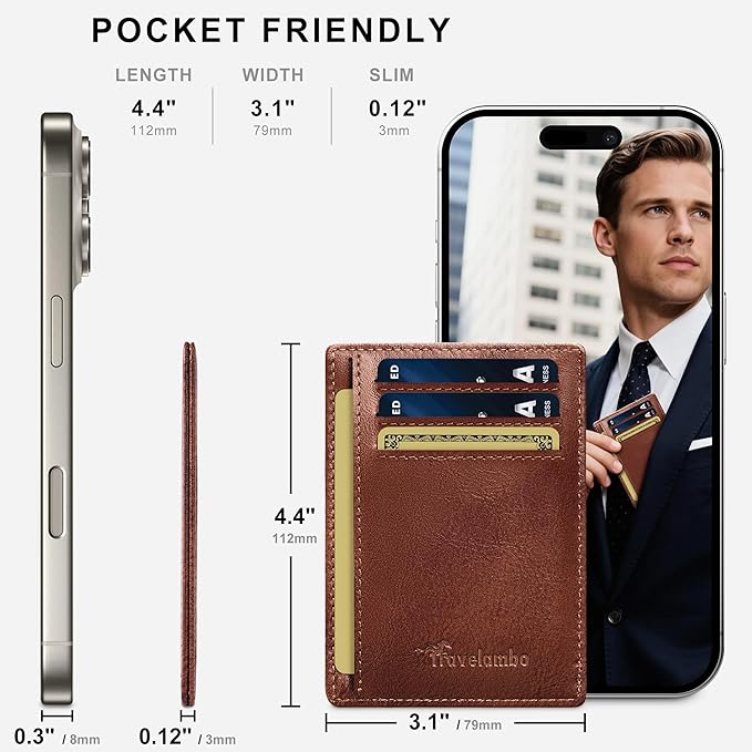 Travelambo 100% Genuine Leather Wallet for Men and Women, Slim Minimalist RFID Blocking Front Pocket Credit Card Holder with Gift Box(Brick Brown)