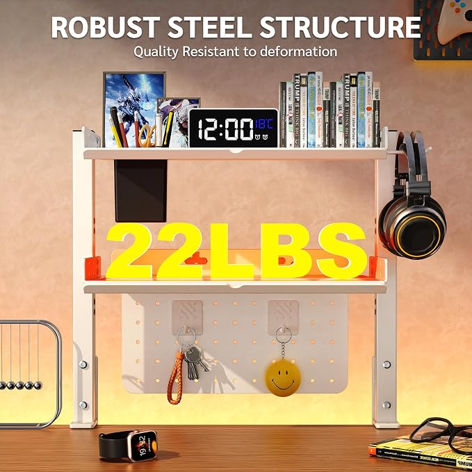 2-Tier Steel Clamp On Desk Shelf, Adjustable 16 inch Desk Storage Shelves with Pegboard and Pencil Holder,Above or Under Heavy Duty Desktop Organizer with Headphone Holder for Desk Accessories (White)