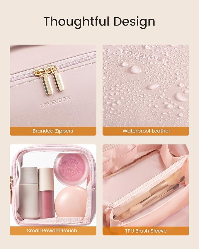 LOVEVOOK Travel Makeup Bag for Women, 2Pcs Large Capacity Cosmetic Organizer Bag, Waterproof PU Leather, Flat Open Portable Small Toiletry Pouch for Skincare, Brushes & Travel Essentials