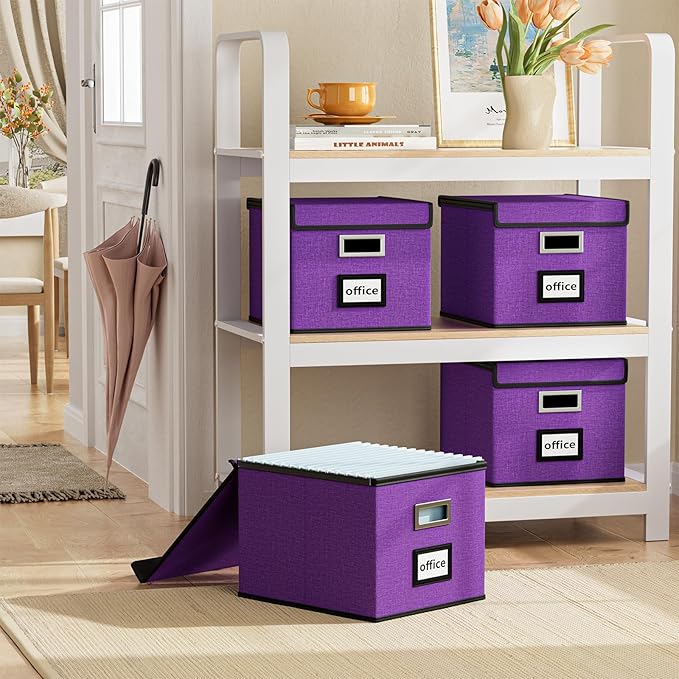 Upgraded File Organizer Boxes with Lids, Linen Hanging Filing & Storage Boxes with Plastic Slides for Office/Decor/Hom, Universal Hanging Filing Organization Boxes for Letter/Legal Folder