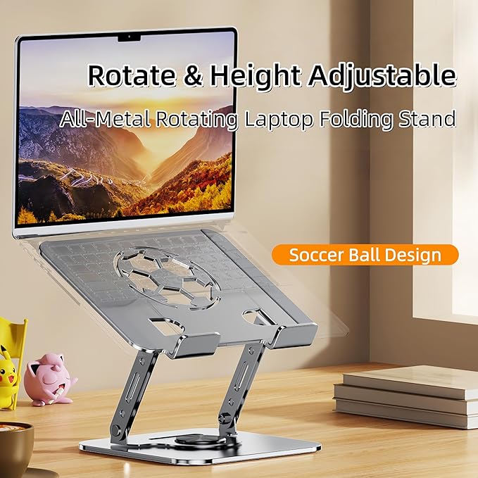 Laptop Stand for Desk, Adjustable Metal Foldable Laptop Riser with 360° Rotation & Football Vent Pattern, Ergonomic Computer Notebook Holder for MacBook Air Pro, Dell XPS, HP 10-17.3", Silver