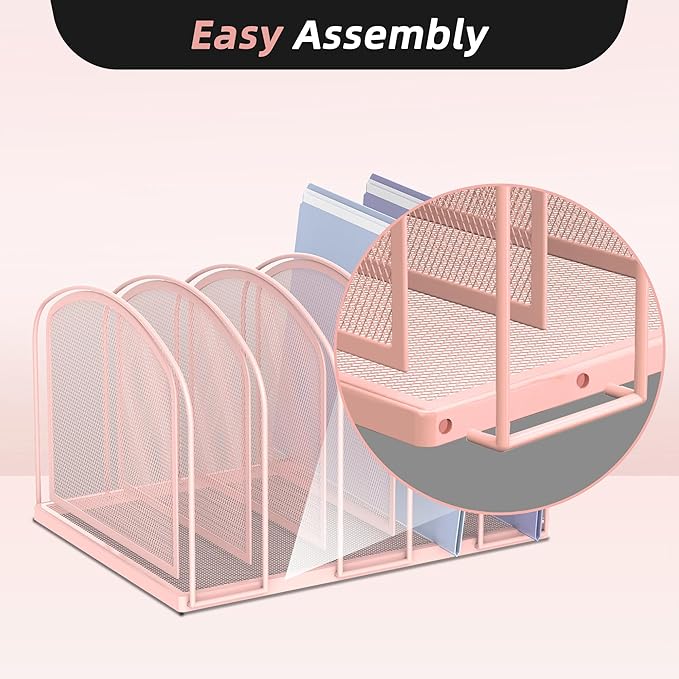 SUPEASY File Organizer for Desk, 5-Section Mesh Desk Organizer, Vertical File Holder Desktop Organizer File Sorter, File Folder Holder for Office Supplies, Pink