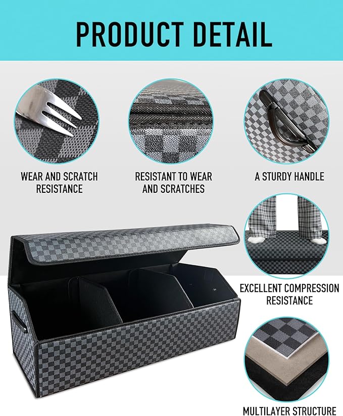 Fyzeoty Trunk Organizer for SUV - Leather Storage Box, Extra Large, Magnetic Lid, Collapsible and Adjustable Car Organizer
