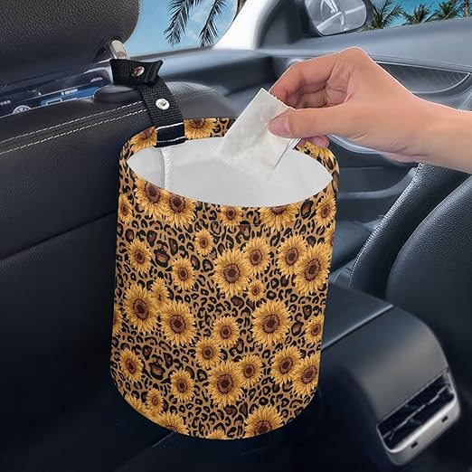 Sunflower Leopard Printed Car Rubbish Bin Portable Driver Garbage Small Mini Can Travel Hanging Garbage Organizer Bag, Large Capacity
