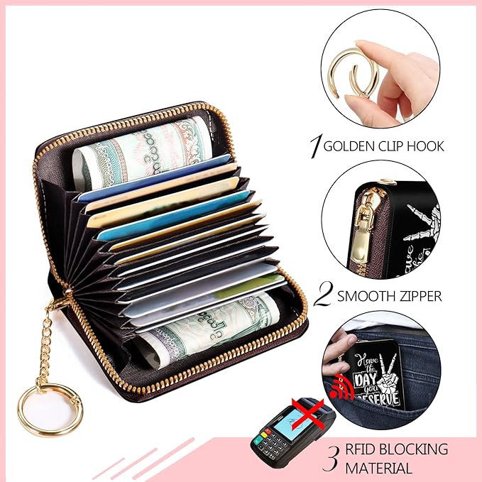 Blusabaca RFID Credit Card Holder Wallets for Women, Skull Skeleton Hand Peace Sign Small Card Case Wallet with Keychain and Zipper, Leather Card Holder Pocket Business Card Accordion Wallet