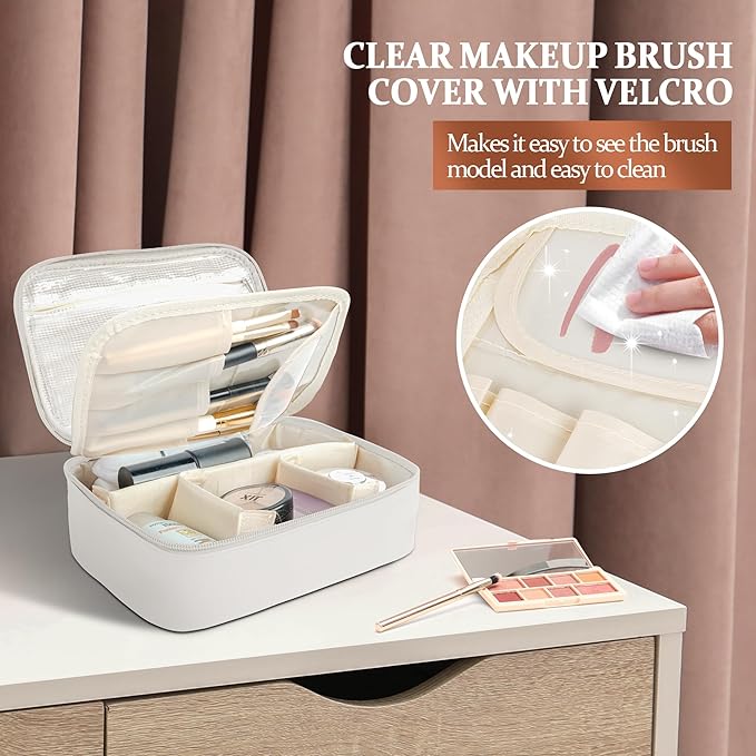 Travel Makeup Bags Set, 4 Pcs PU Leather Cosmetic Organizer Bag with Jewelry bag, Large Make Up Cosmetic Bag with Divider and Handle, Portable Travel waterproof Vanity Bag for Women Girl (Off-white)
