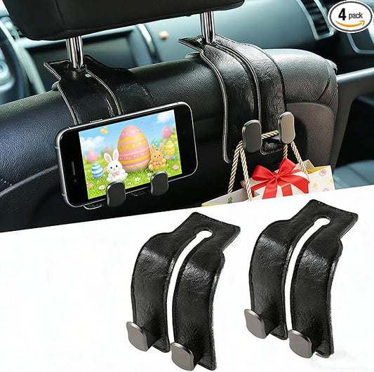 KINIVA Car Seat Headrest Storage Hooks, Set of 2, Suede PU Leather, Double Hooks (06-Black)