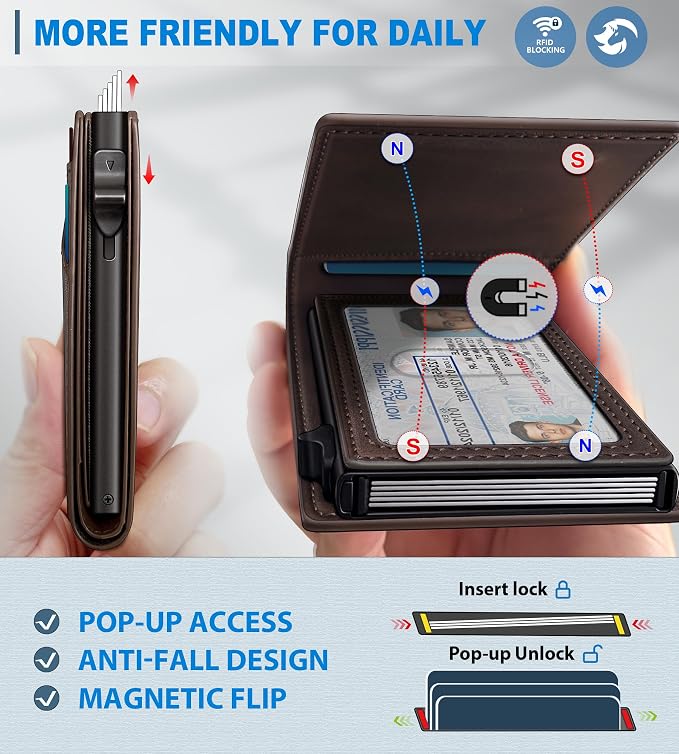 Wallet for Men, Slim Pop Up Card Holder with RFID Blocking, Minimalist Bifold Wallet with 9 Card Slots, ID Window and Cash Pocket, Metal Flip Case with Magnetic Closure, Gift Box