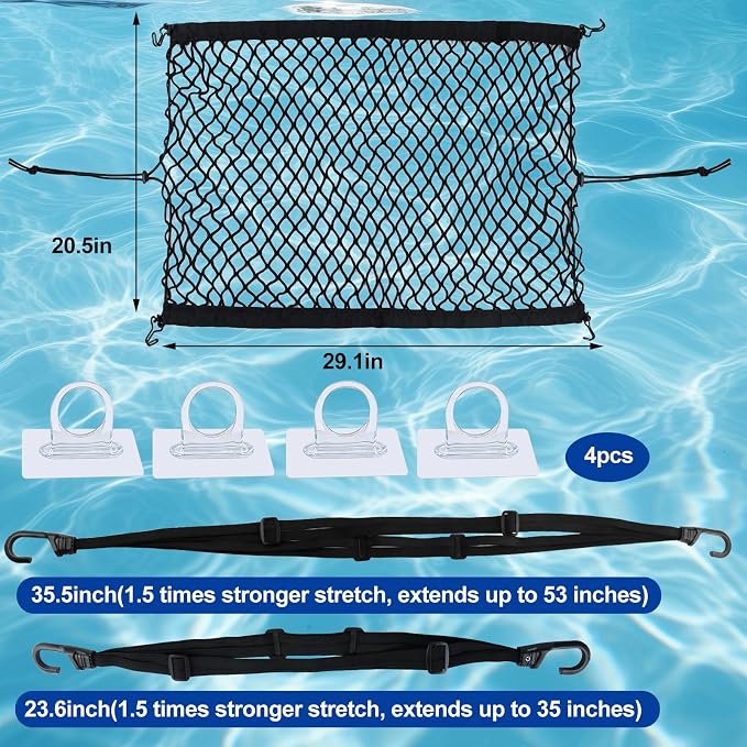 Cargo Net Kit 20.5"X29.1" Attachable Storage Net with 2 Stretchable Straps and 4 Hooks Elastic Black Mesh Net Cargo Netting Multi-Purpose Trunk Net for Cooler Trunk Boat Snowmobile