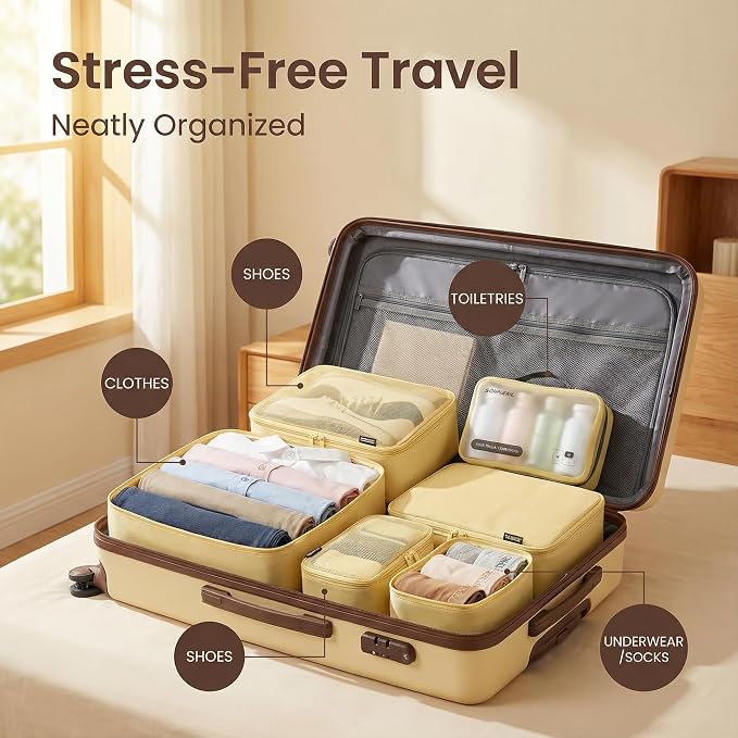 6 Set Compression Packing Cubes for 7–14 Day Travel, Bright Yellow | Nylon Oxford Fabric, Full Breathable Mesh, Reinforced Double-Zipper, Small to Large Size Bag, Expandable Packing System