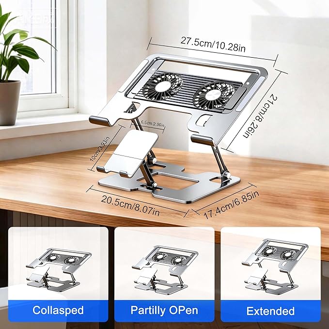 Ergonomic 2-in-1 Laptop Stand for Desk with Fans,Adjustable Laptop Riser with Phone Holder,Computer Stand for Laptop,Sturdy and Portable Stand,Compatible with All Laptops and Phones White