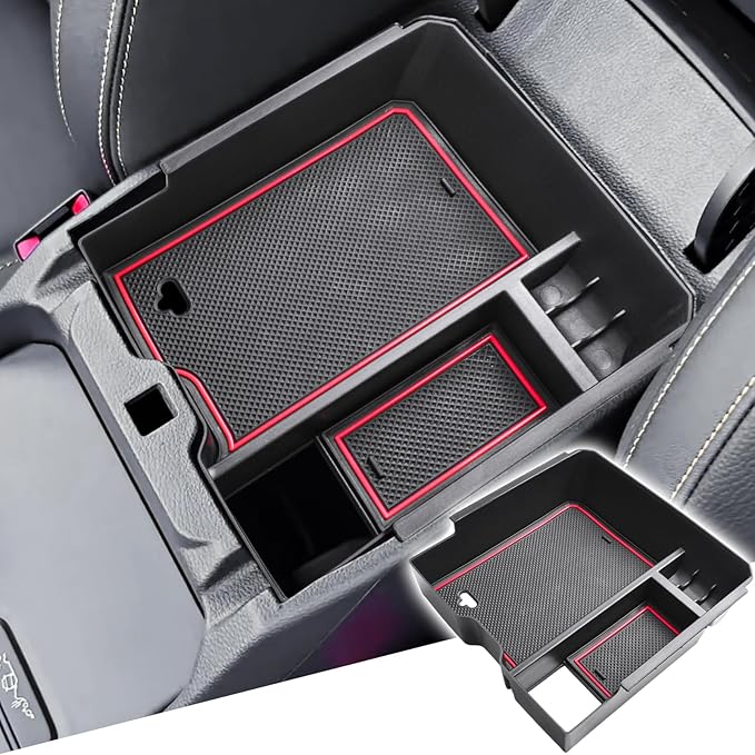 HGWEI Center Console Organizer Tray Compatible with 2024 2025 2026 Ford Ranger & Ranger Raptor Interior Accessories, Coin Container Armrest Storage Box(Electric handbrake Version), Red