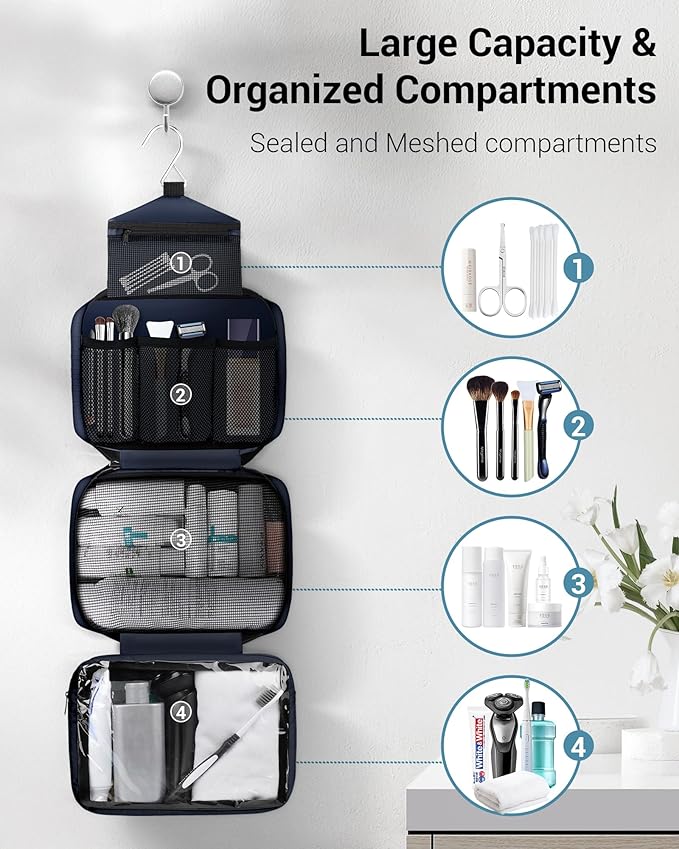 Maliton Toiletry Bag for Men & Women Large Toiletry Bags for Traveling Hanging Toiletry Bag Hygiene Bag with 4 Compartments Waterproof Bathroom Shower Bag (Navy Blue)